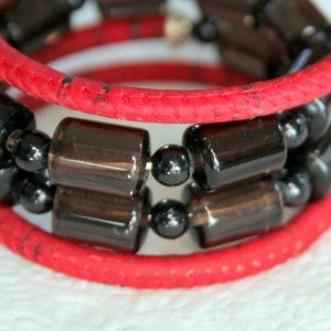 Red Portuguese Cork and Smoky Quartz Memory Wire Wrist Wrap Cuff Bracelet